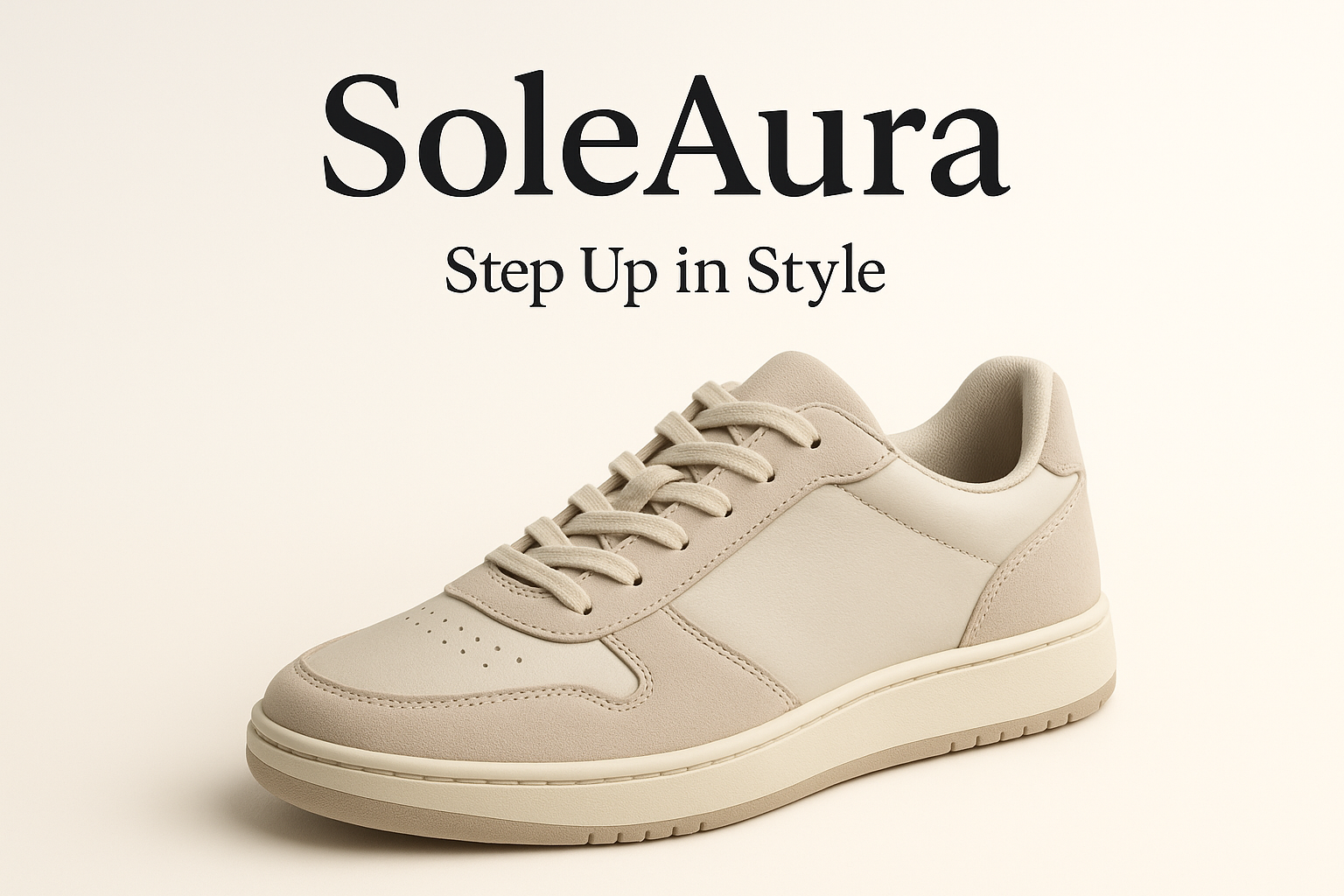 Create a clean, trendy, and mobile-friendly banner for a shoe store named SoleAura. Focus on stylish sneakers or casual shoes. The design should be minimal, modern, and attractive, with smooth background colors (white or light beige) and high-quality shoe images.
The heading text should be short, bold, and perfectly visible on mobile screens.
Add this slogan in small stylish font:
"Step Up in Style"