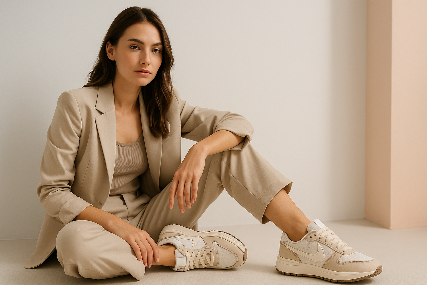 Create a high-quality, fashion-forward website banner featuring a stylish young woman wearing trendy sneakers or fashionable shoes. The scene should look modern, clean, and premium — with soft lighting, minimal background, and focus on the shoes and outfit.
Style: aesthetic, urban chic, minimalist background (white, beige, or pastel tones), professional photography look, lifestyle vibe.
The image should look perfect for an online fashion store homepage banner — no text or logos.