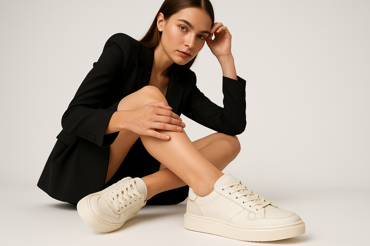 Create a high-quality fashion photo of a stylish young woman wearing trendy, modern sneakers or casual shoes. The shoes should look premium, clean, and eye-catching with fine details and soft shadows. The background should be pure white, minimal, and professional — giving a clean studio aesthetic. The overall image should look elegant, modern, and suitable for an online fashion or shoe store banner. No text, no logo, just the model and the shoes in focus.